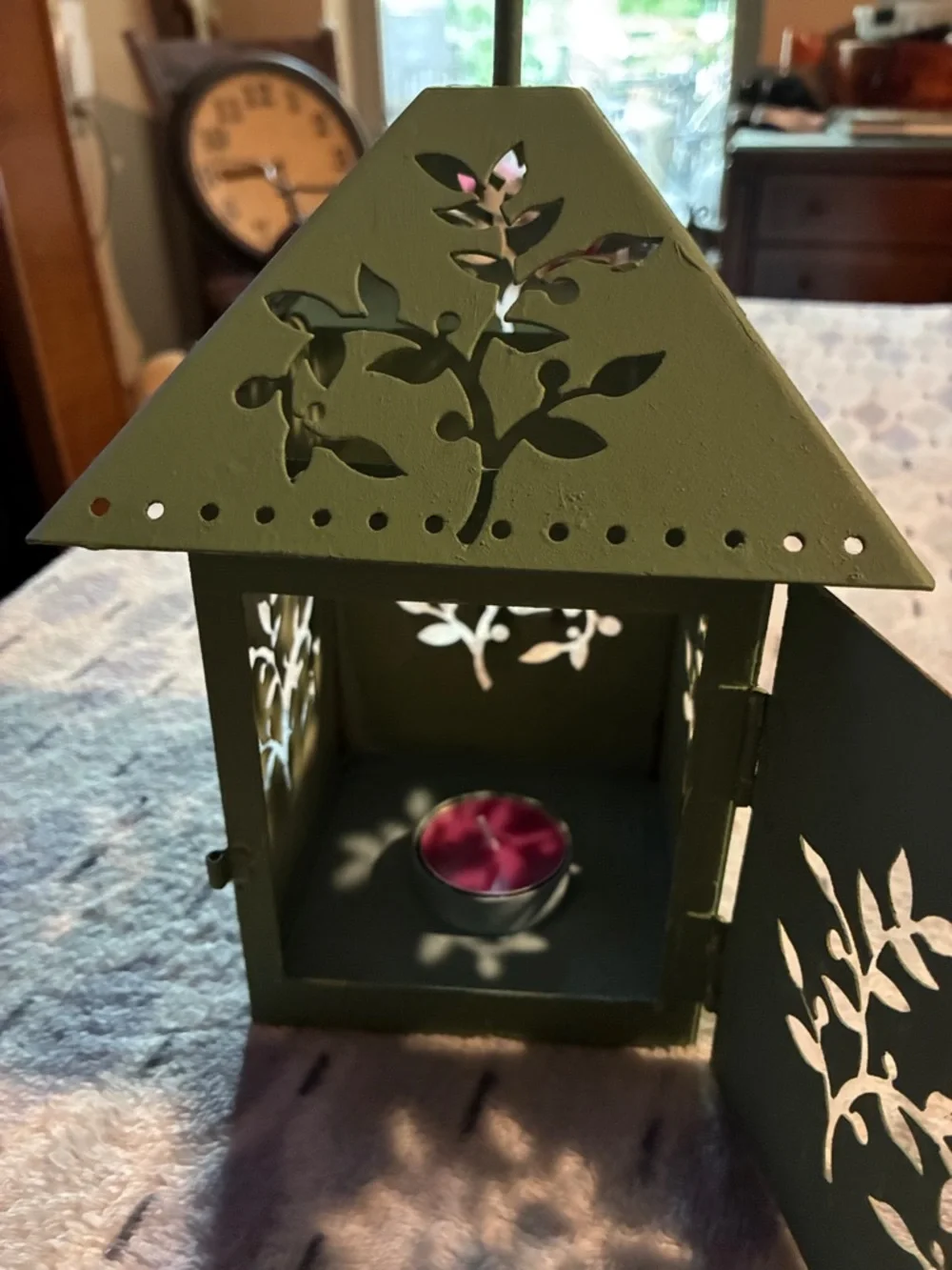 Olive Green Metal Rooster Lantern by